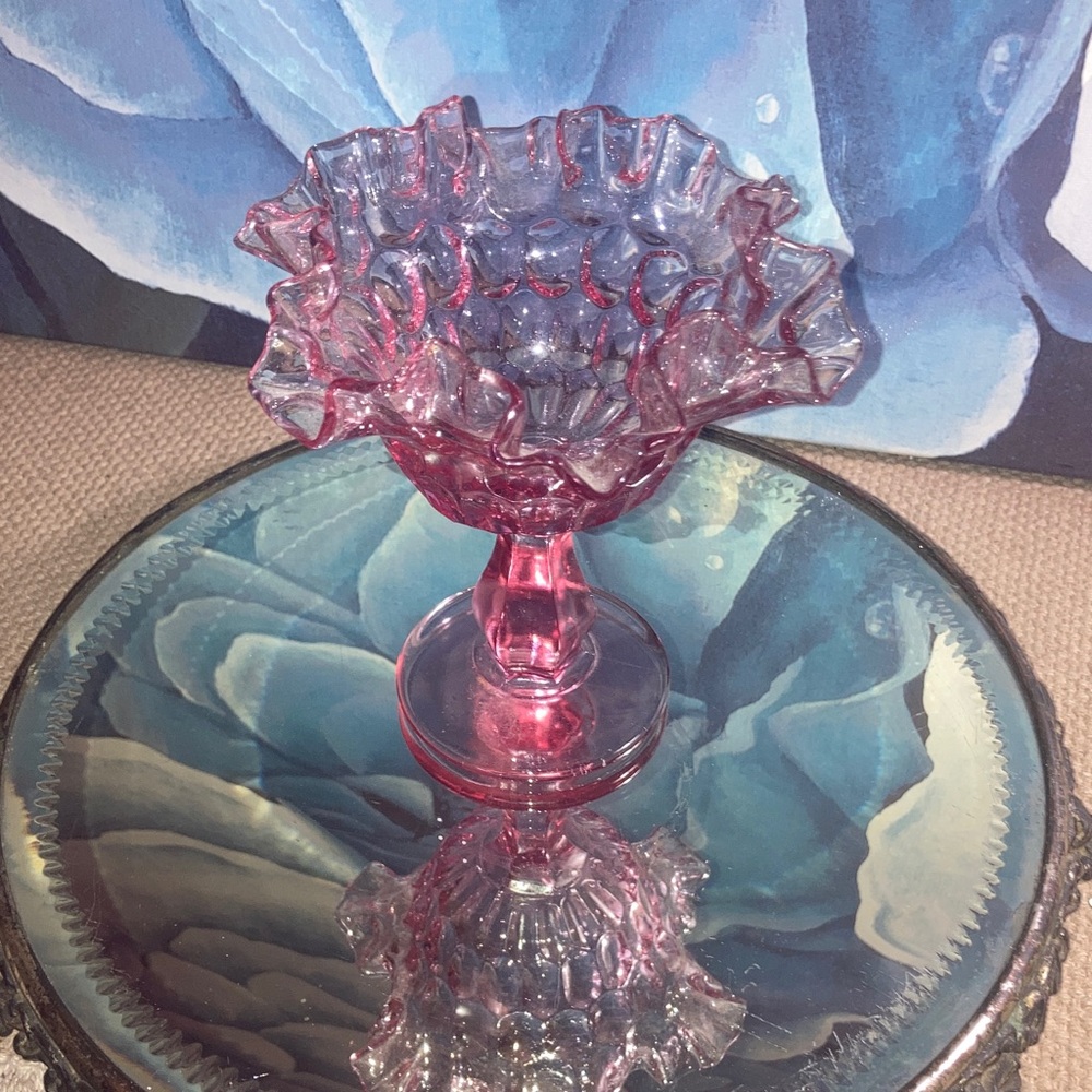 Antique FENTON Colonial Pink Ruffled Glass Vase w/ Thumbprint Edge